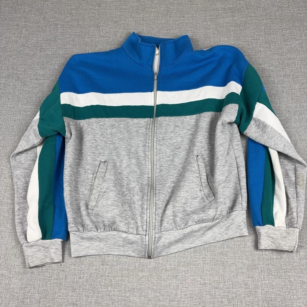USA Track Jacket Mens Large Gray Colorblock Full Zip Fleece Olympic Vintage